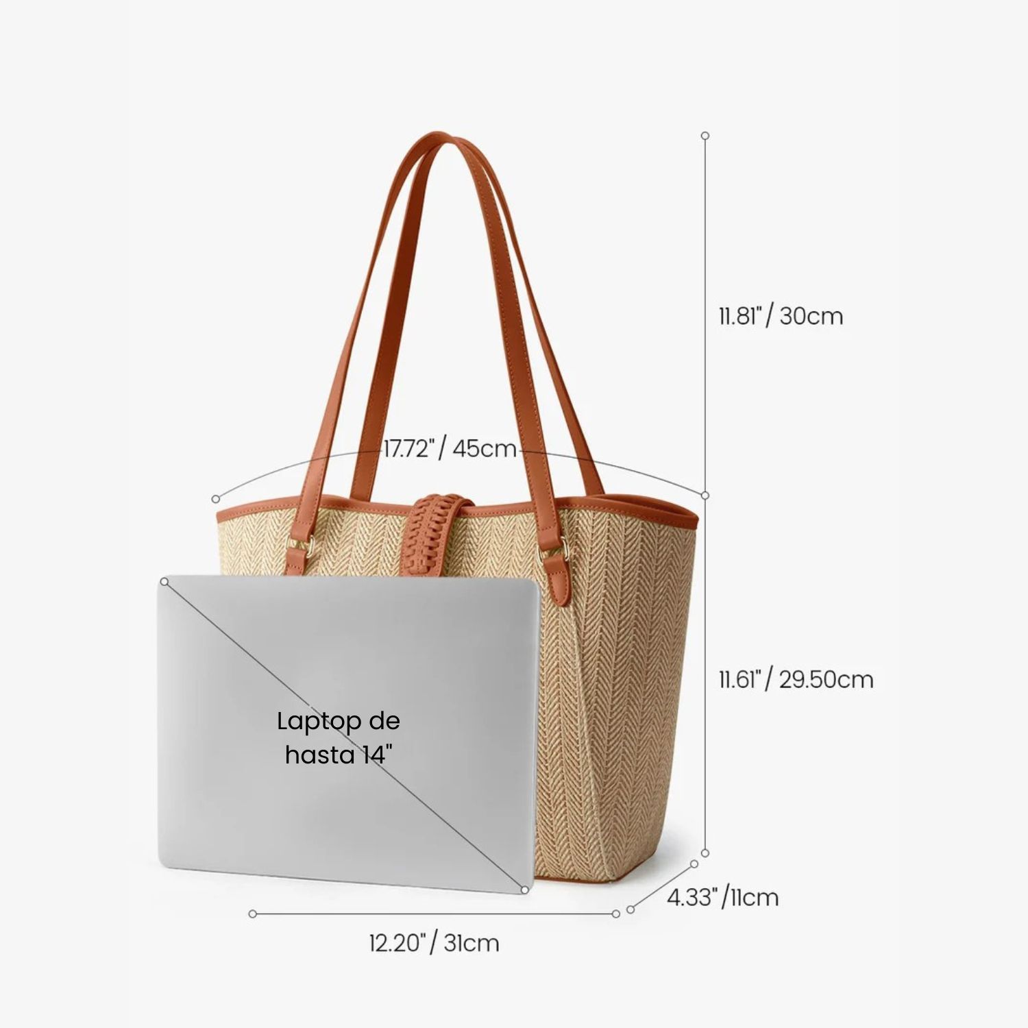 ECOSUSI CARTERA TOTE MARINA DE RAFIA NATURAL 14L PARA 14' MARRON - 2