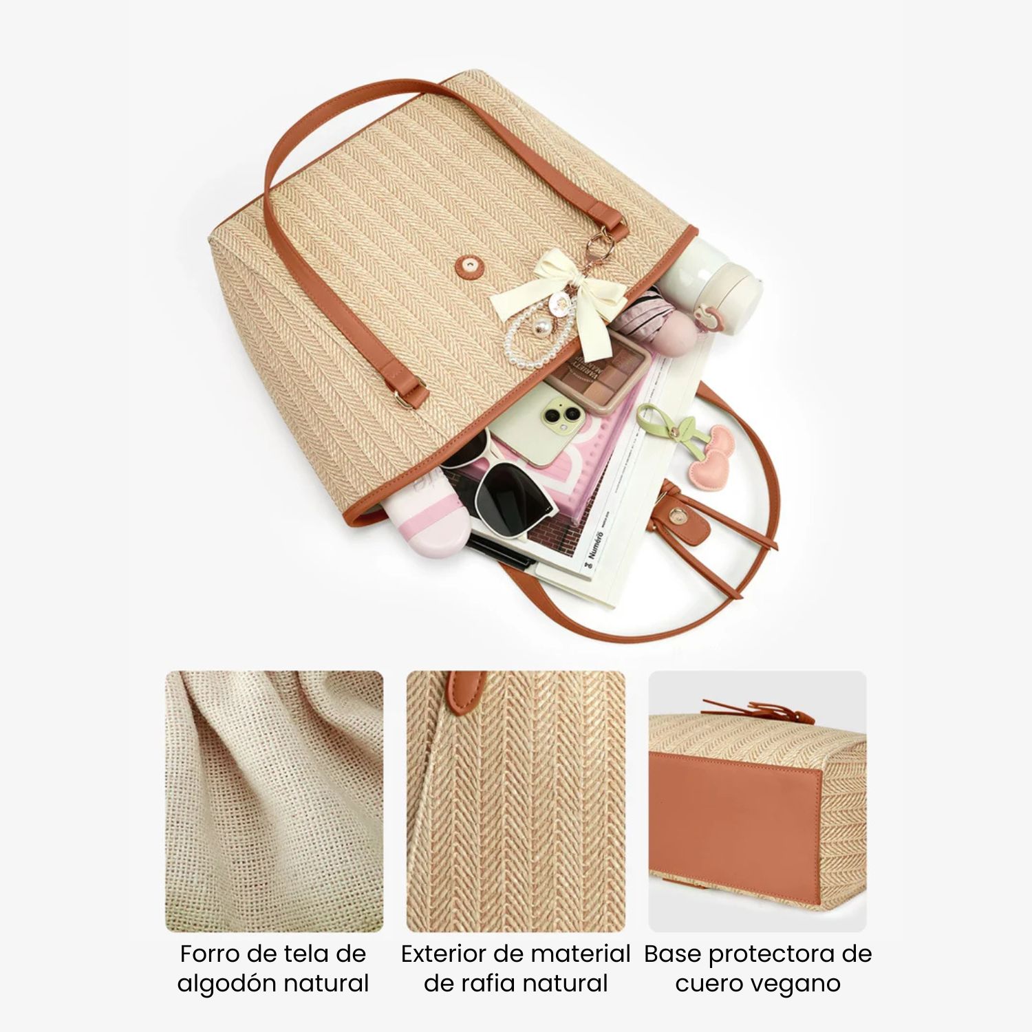 ECOSUSI CARTERA TOTE MARINA DE RAFIA NATURAL 14L PARA 14' MARRON - 6