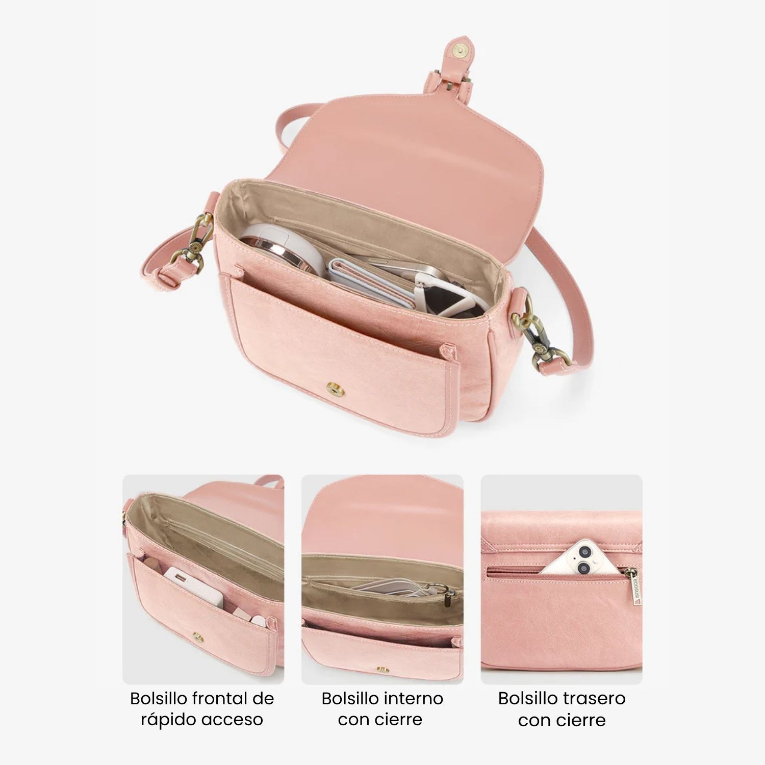 ECOSUSI CARTERA BANDOLERA EVELINA DE PAPEL LAVABLE ECOLOGICO ROSADO - 4