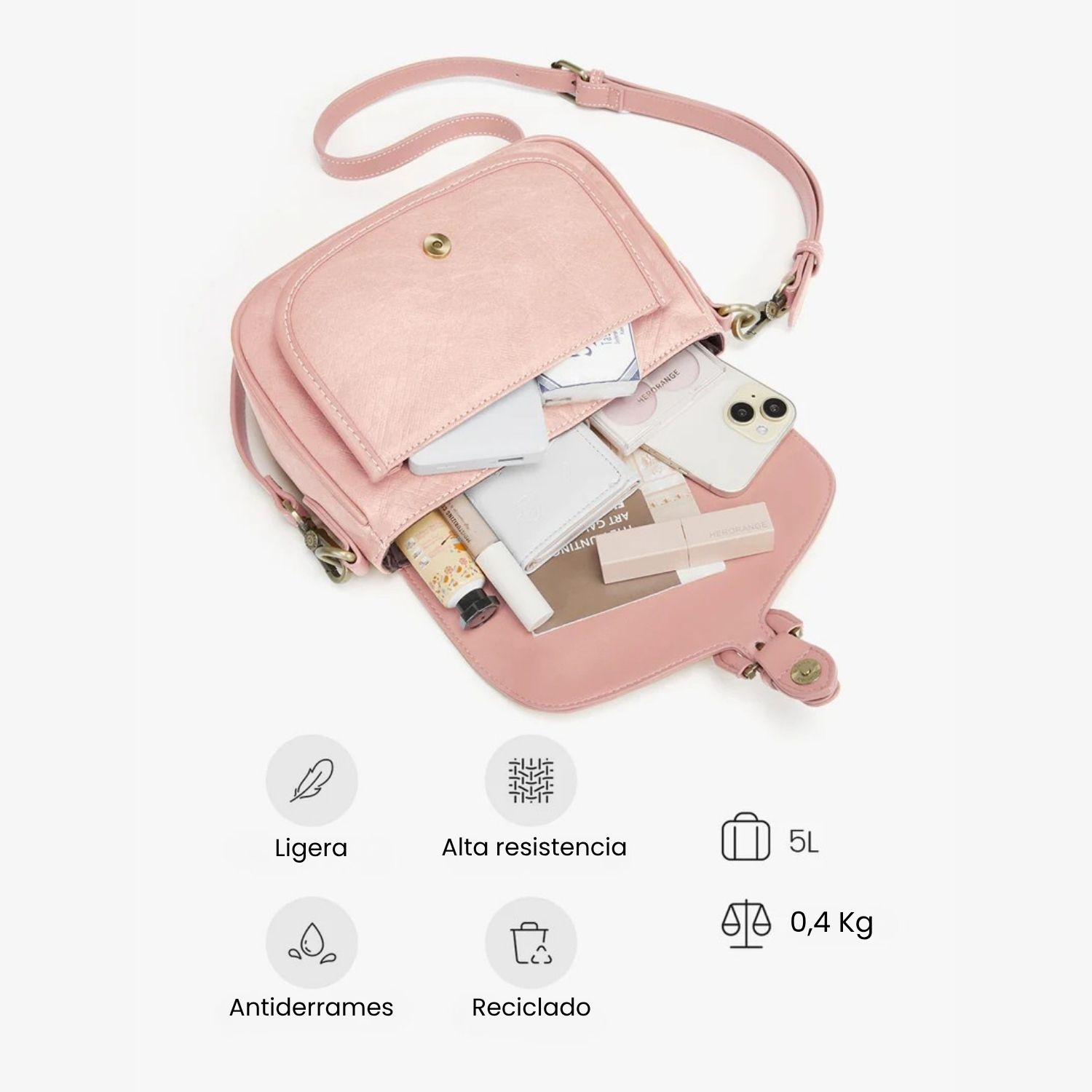 ECOSUSI CARTERA BANDOLERA EVELINA DE PAPEL LAVABLE ECOLOGICO ROSADO - 5