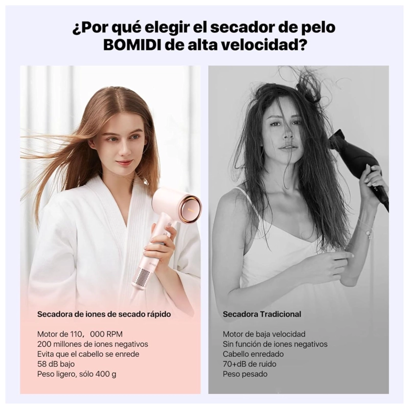 BOMIDI SECADOR DE PELO COMPACTO HD04 PROFESIONAL IONICO NEGATIVO ROSADO - 10