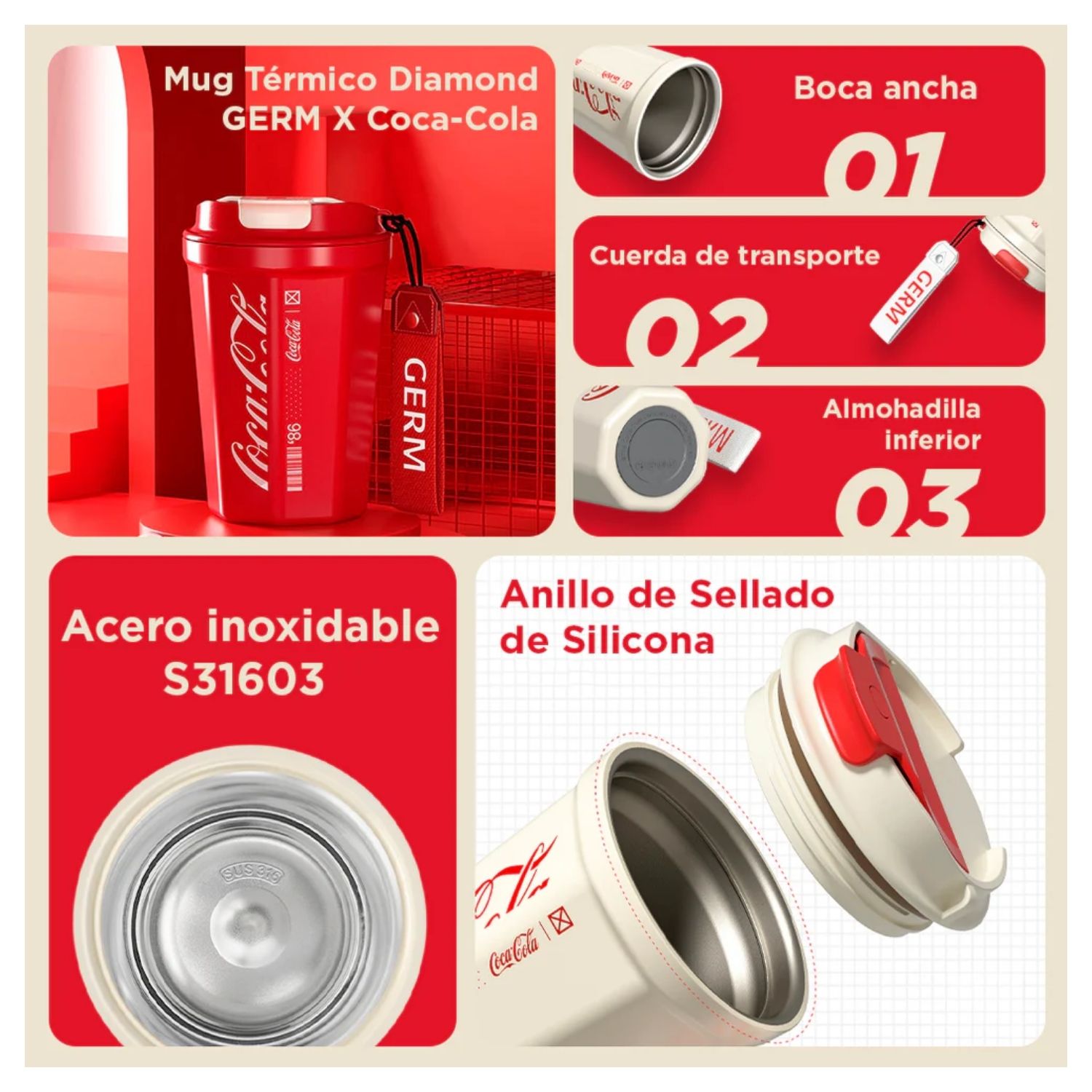 TAZA CAFE  GERM X COCA-COLA DIAMANTE 390 ML BLANCA - 2