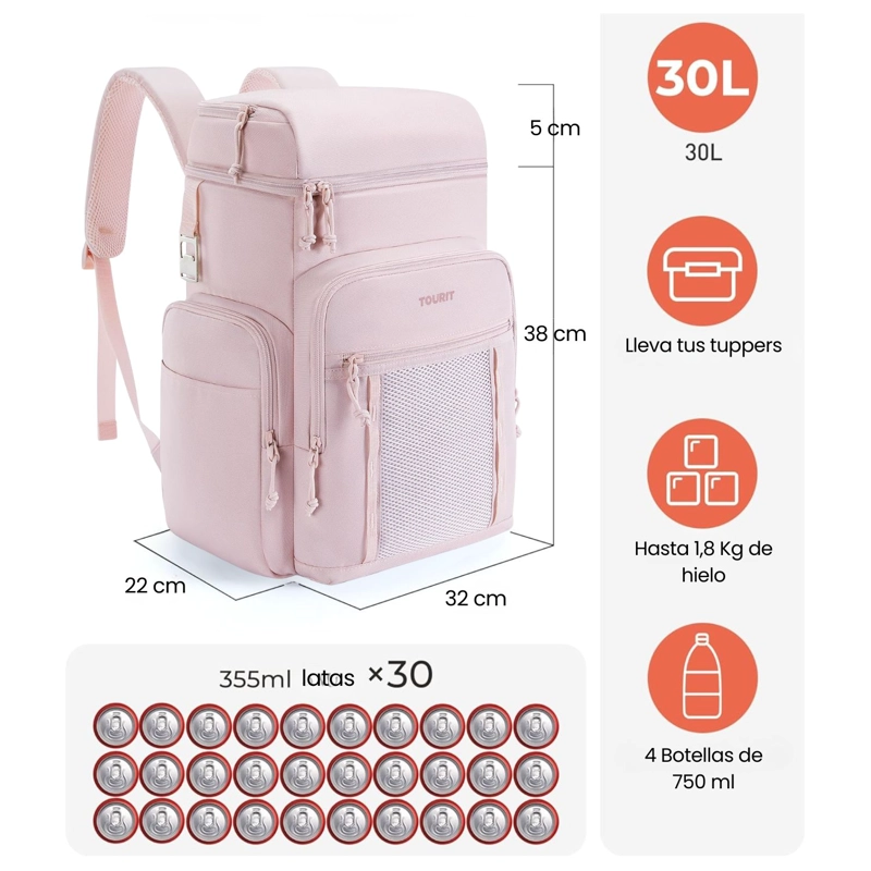 TOURIT MOCHILA TE RMICA OUTDOOR 30 LATAS 28L IMPERMEABLE ROSADO - 2
