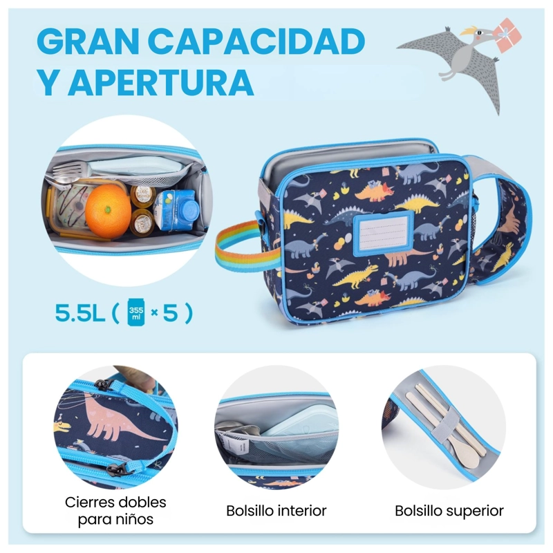 TOURIT LONCHERA TE RMICA KIDS 5.5L INFANTIL IMPERMEABLE AZUL DINOSAURIOS - 4