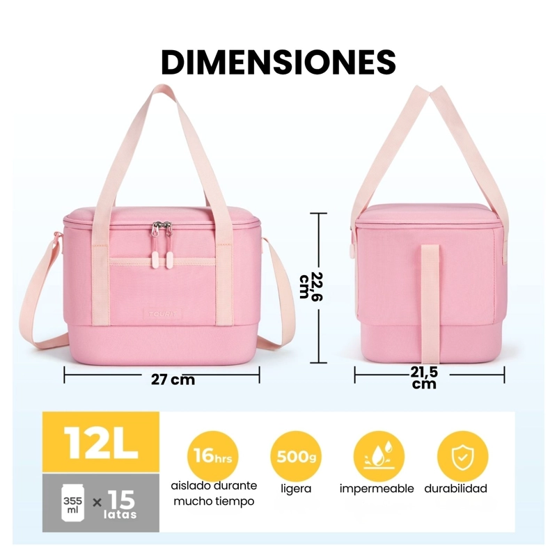TOURIT BOLSO COOLER TE RMICO DAILY 16 LATAS 12L IMPERMEABLE ROSADO - 4