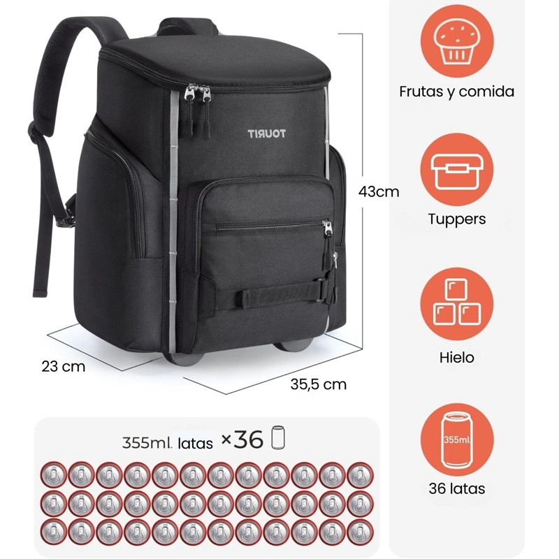 TOURIT MOCHILA COOLER CON RUEDAS EXPLORER 22L 36 LATAS NEGRO - 7