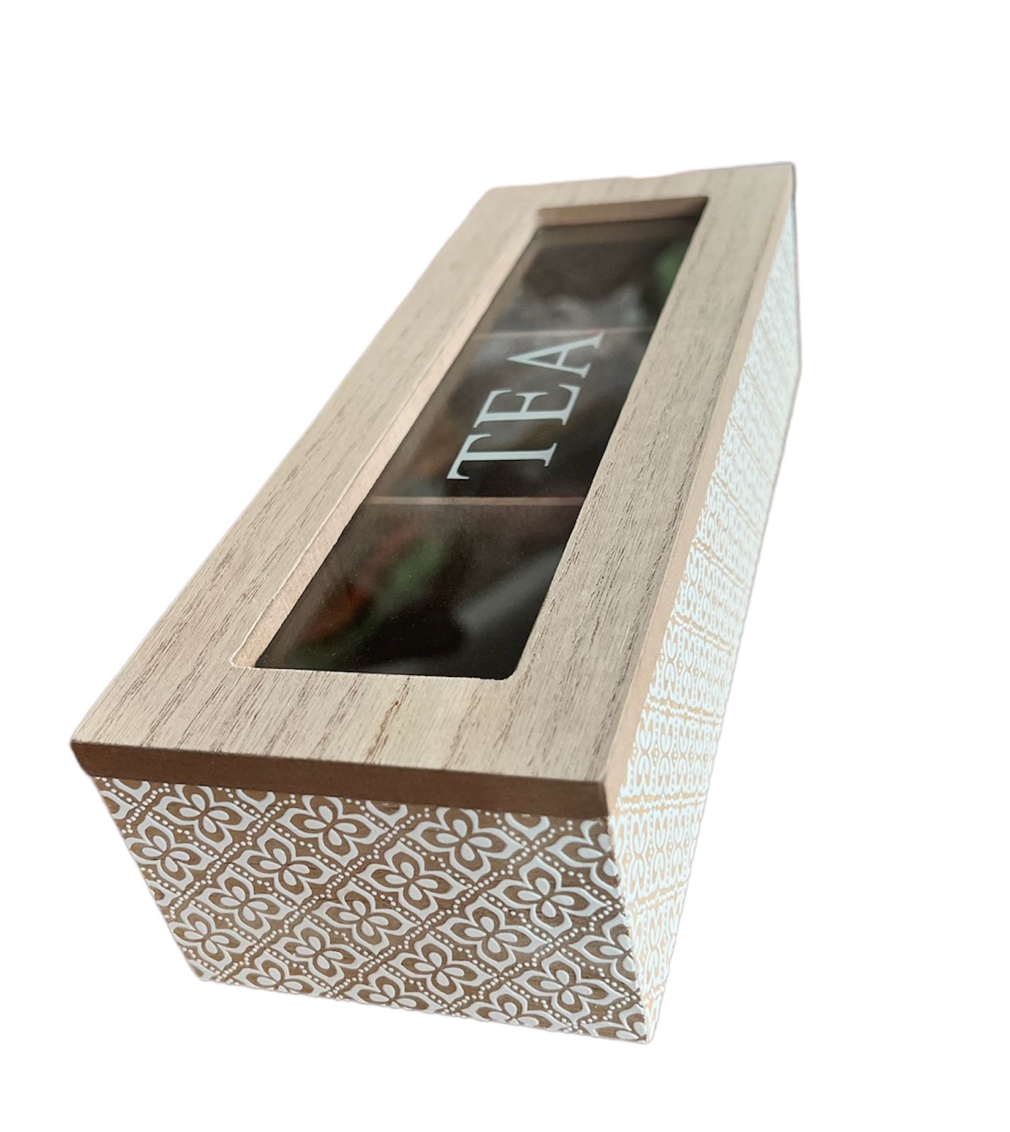 CAJA DE TÉ MEDIANA DE MADERA 3 ESPACIOS CON DISEÑOS - 1