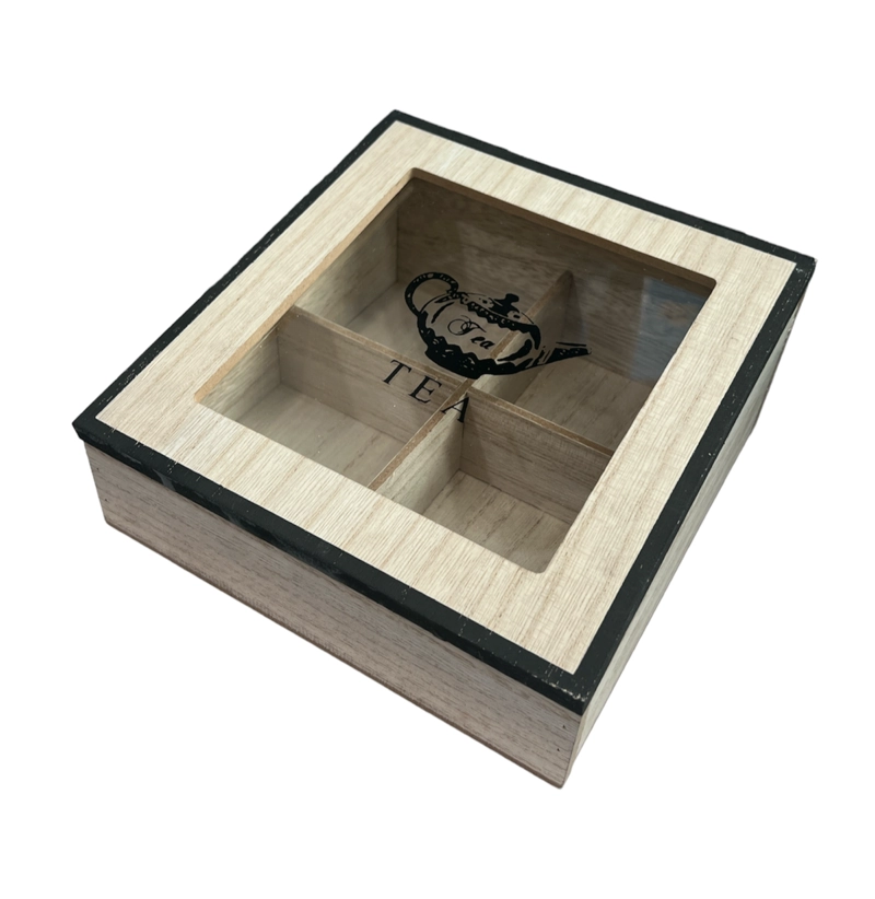 CAJA DE TE  MEDIANA DE MADERA 4 ESPACIOS CON DISEÑOS - 1