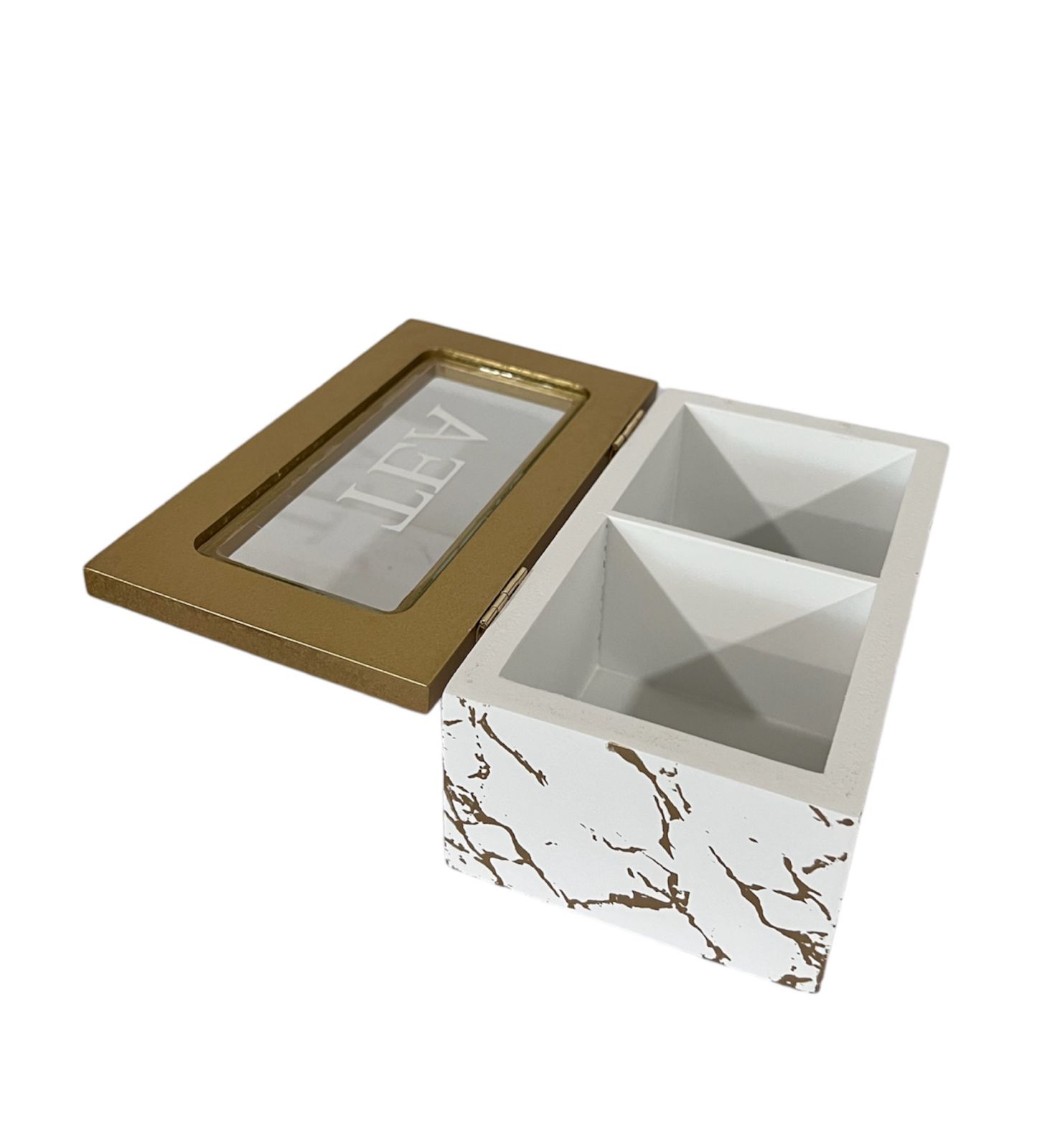 CAJA DE TÉ MEDIANA DE MADERA 2 ESPACIOS MARMOLEADO - 2