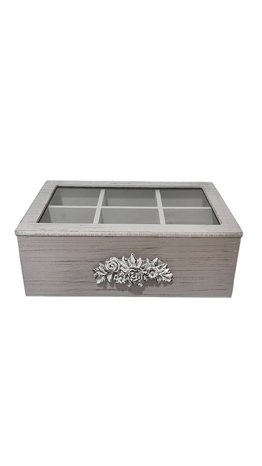 CAJA DE TÉ MEDIANA DE MADERA 6 ESPACIOS CON DISEÑOS FLORES M - 1
