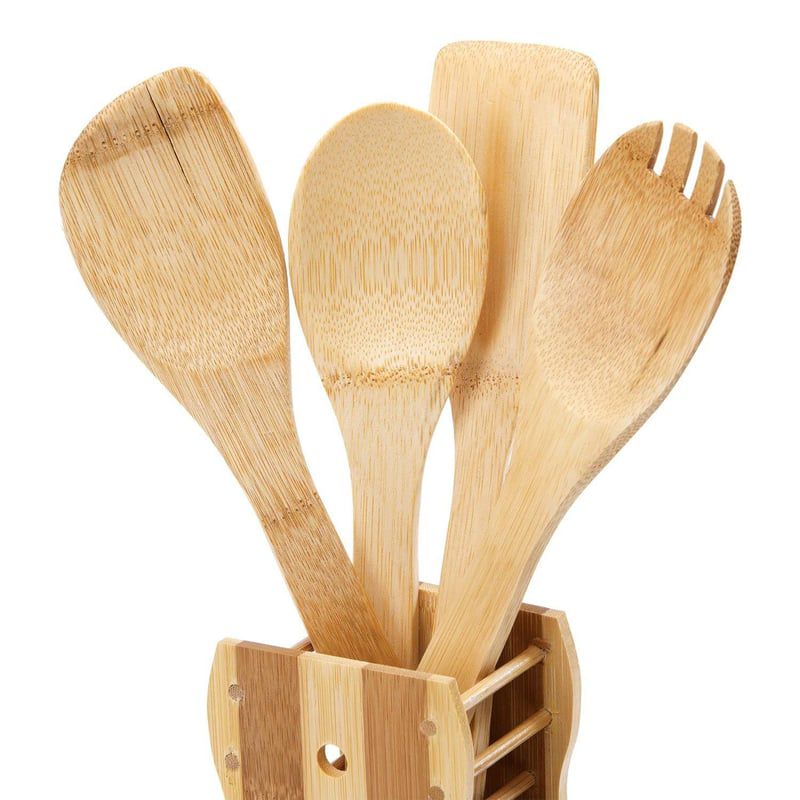 JUEGO UTENSILIOS MADERA CON SOPORTE BASE 4 PIEZAS COCINA - 1