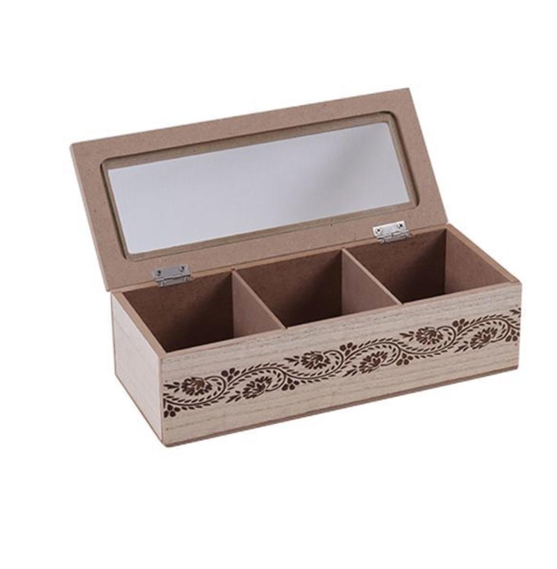 CAJA DE TÉ MEDIANA DE MADERA 3 ESPACIOS FLORES - 1