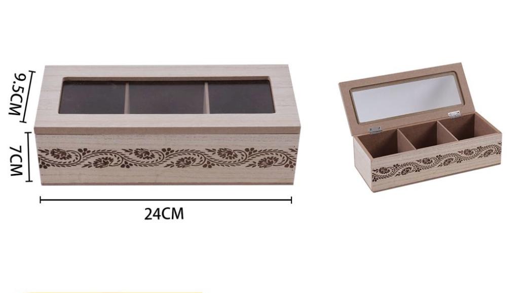 CAJA DE TÉ MEDIANA DE MADERA 3 ESPACIOS FLORES - 2