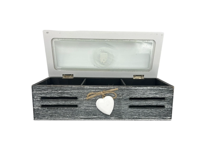 CAJA DE TÉ MEDIANA DE MADERA 3 ESPACIOS CON CORAZON - 2