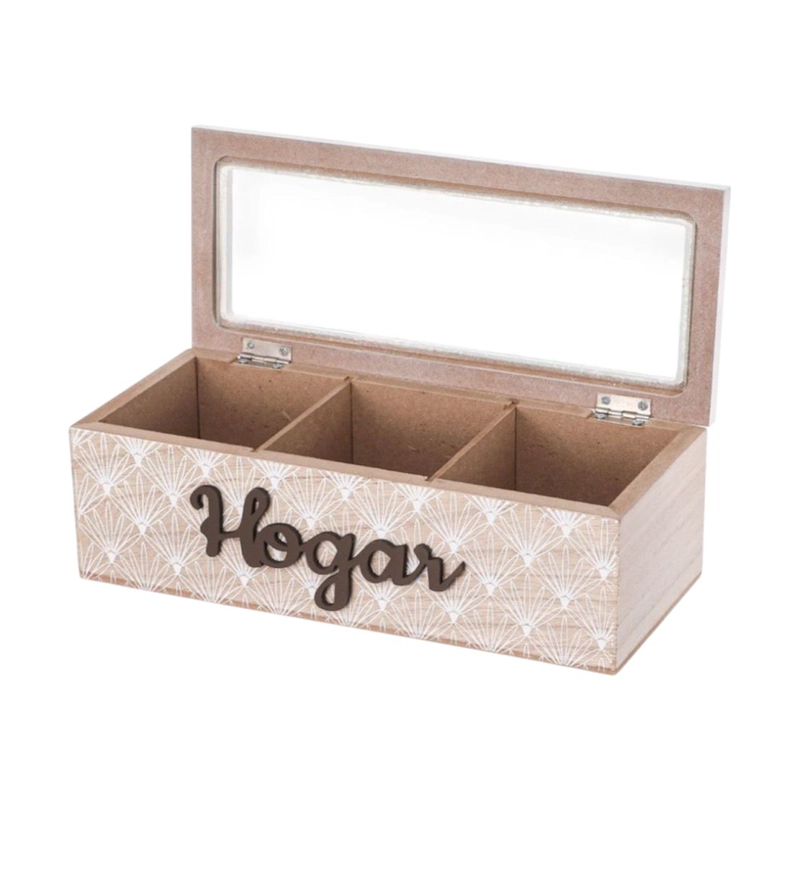 CAJA DE TÉ MEDIANA DE MADERA 3 ESPACIOS CON DISEÑO HOGAR - 1