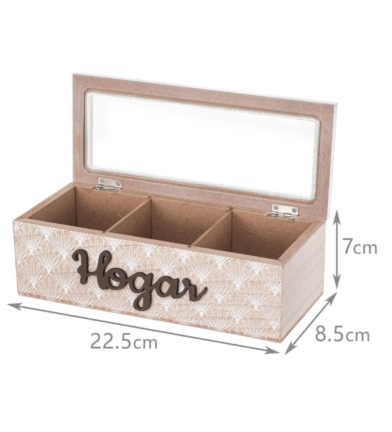 CAJA DE TÉ MEDIANA DE MADERA 3 ESPACIOS CON DISEÑO HOGAR - 2