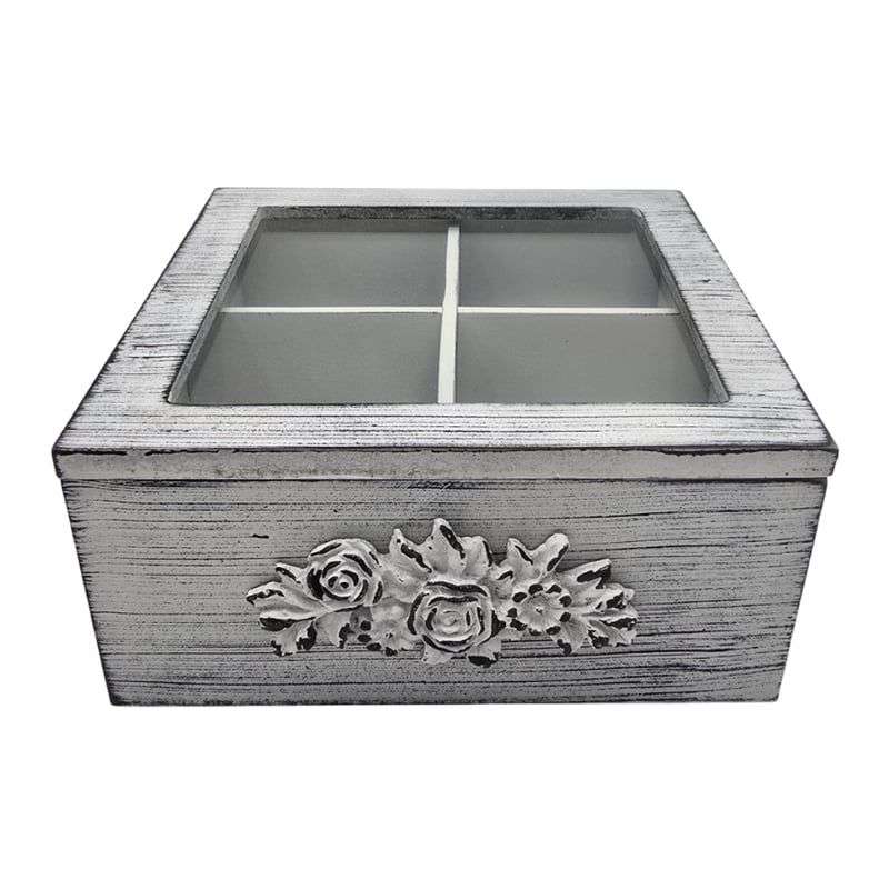 CAJA DE TÉ MEDIANA DE MADERA 4 ESPACIOS DISEÑO ROMANTICO - 1