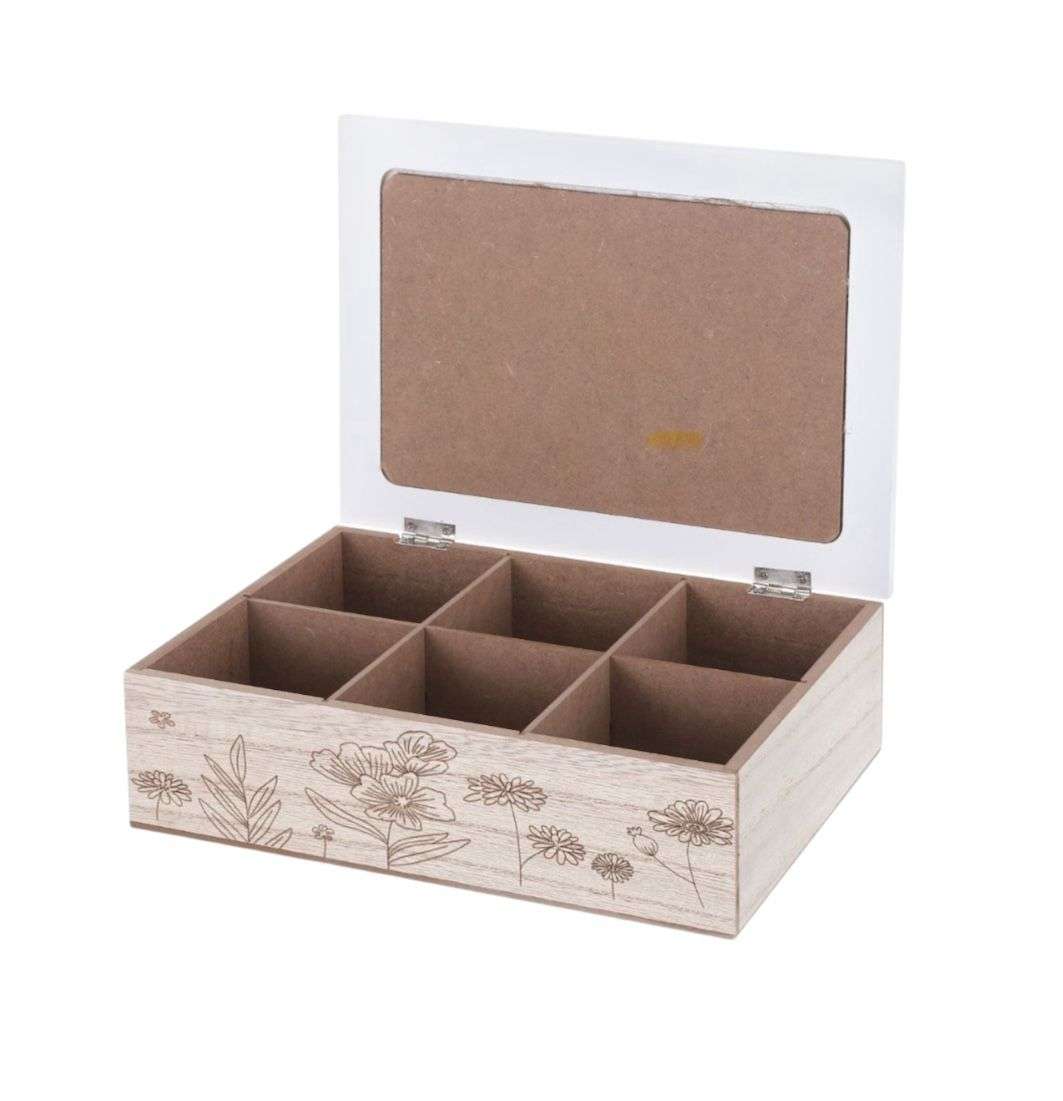 CAJA DE TÉ MEDIANA DE MADERA 6 ESPACIOS CON DISEÑOS RAMAS - 1