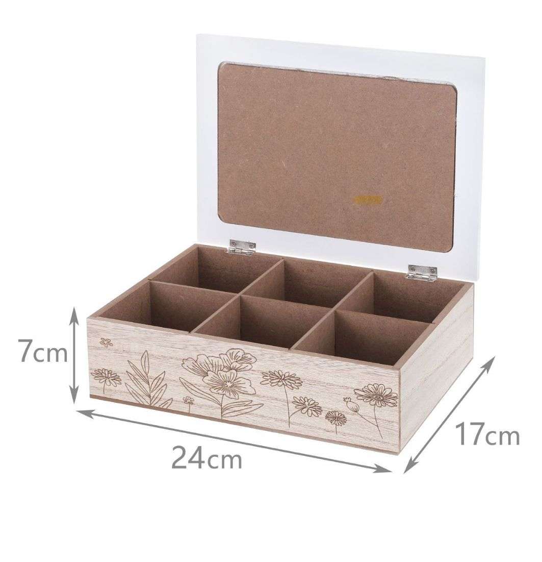 CAJA DE TÉ MEDIANA DE MADERA 6 ESPACIOS CON DISEÑOS RAMAS - 2