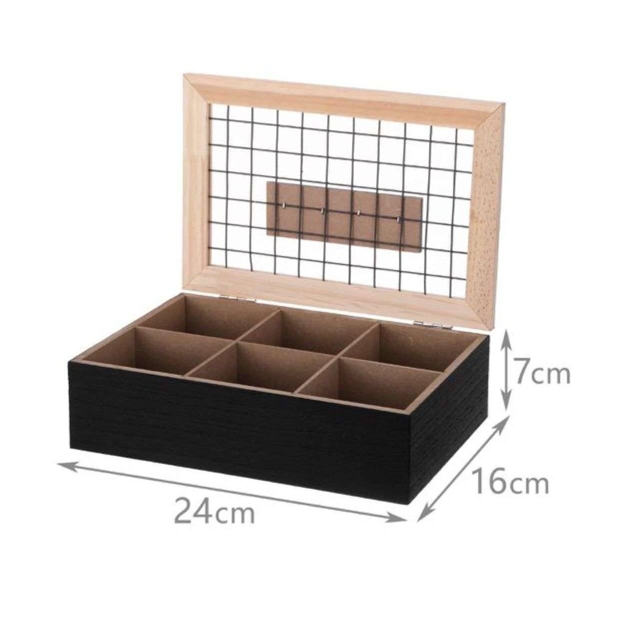 CAJA DE TÉ MEDIANA DE MADERA 6 ESPACIOS MALLA - 2