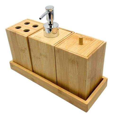 SET JUEGO DE BAÑO 3 PIEZA MADERA JABON DISPENSADOR CEPILLO - 1