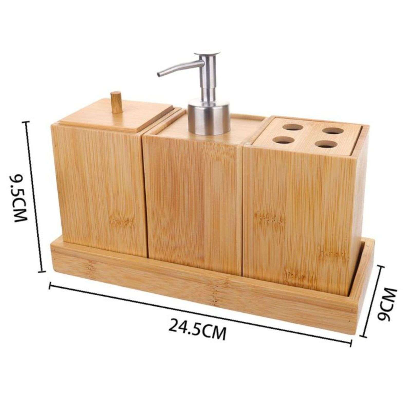 SET JUEGO DE BAÑO 3 PIEZA MADERA JABON DISPENSADOR CEPILLO - 2
