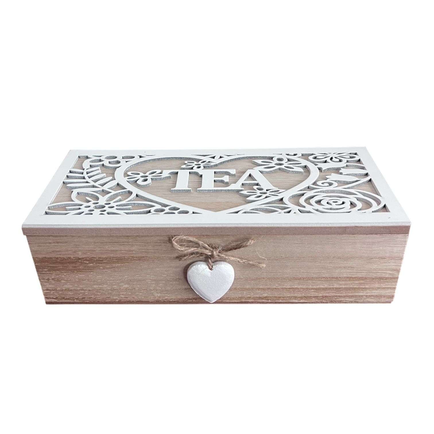 CAJA DE TE MEDIANA DE MADERA 3 ESPACIOS CORAZON COLGANTE - 1
