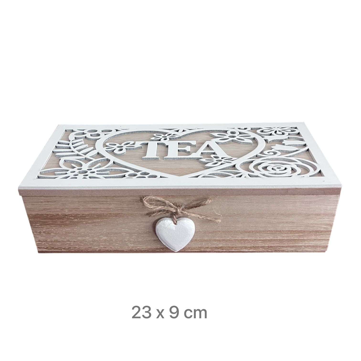 CAJA DE TE MEDIANA DE MADERA 3 ESPACIOS CORAZON COLGANTE - 2