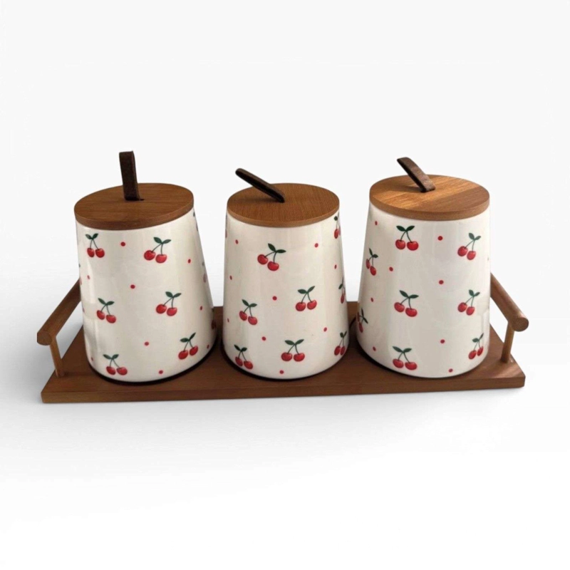 SET 3 FRASCOS HERMETICOS DE CERAMICO CON TAPA CEREZAS - 1