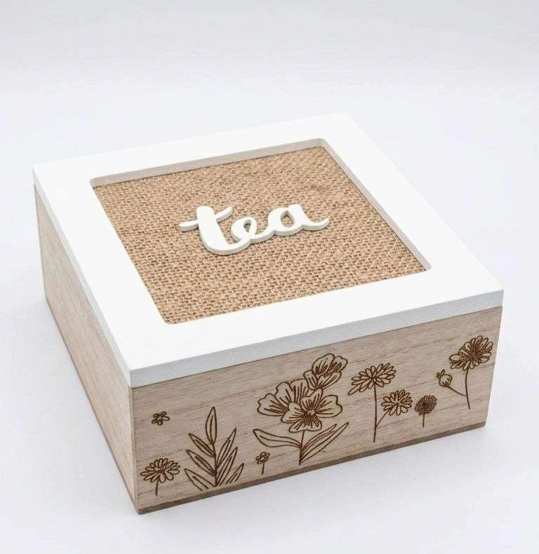 CAJA DE TE  MEDIANA DE MADERA 4 ESPACIOS DISEÑO FLORES - 1