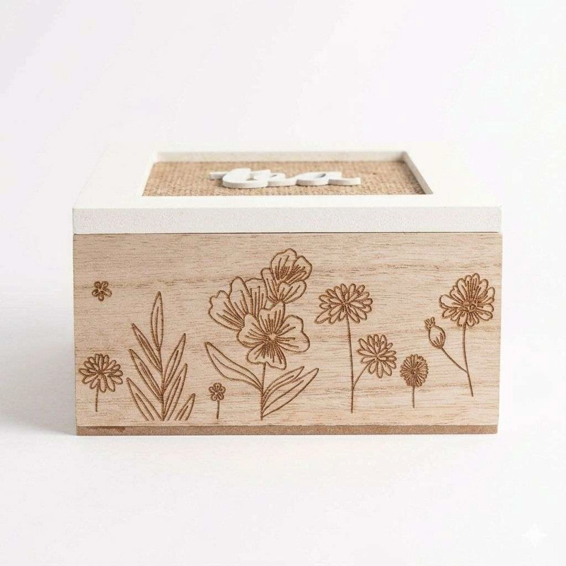 CAJA DE TE  MEDIANA DE MADERA 4 ESPACIOS DISEÑO FLORES - 3