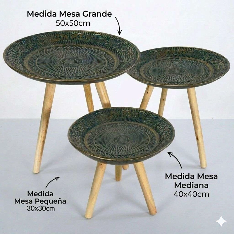 SET 3 MESAS LATERALES CENTRO DISEÑO TALLADO VERDE - 2