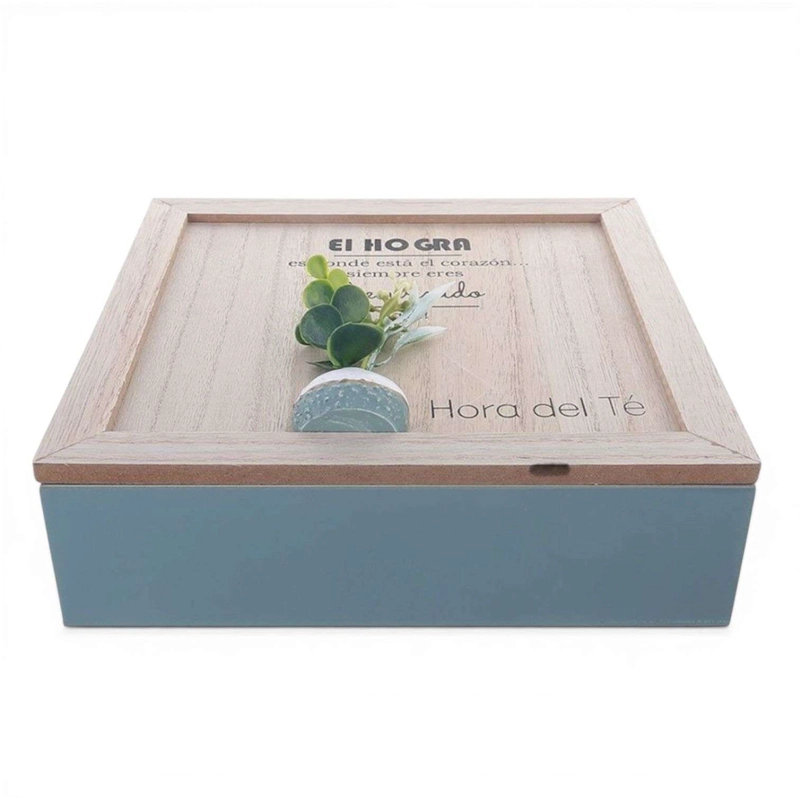 CAJA DE TE  MEDIANA DE MADERA 9 ESPACIOS AZUL - 1