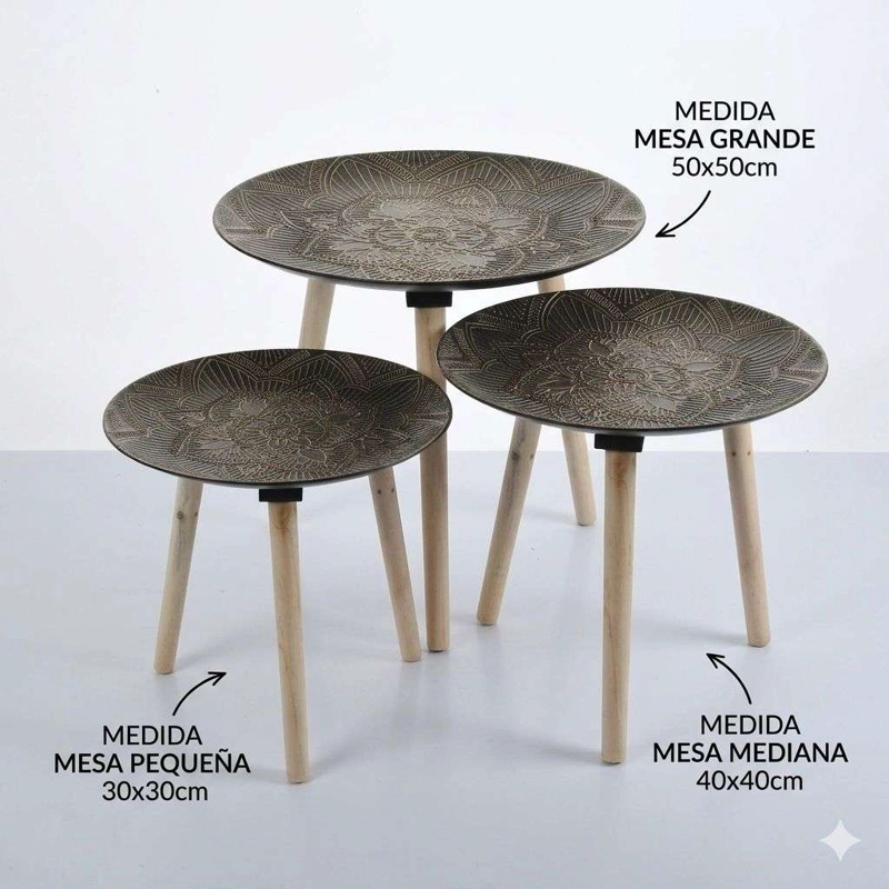 SET 3 MESAS LATERALES CENTRO DISEÑO TALLADO CAFE - 3