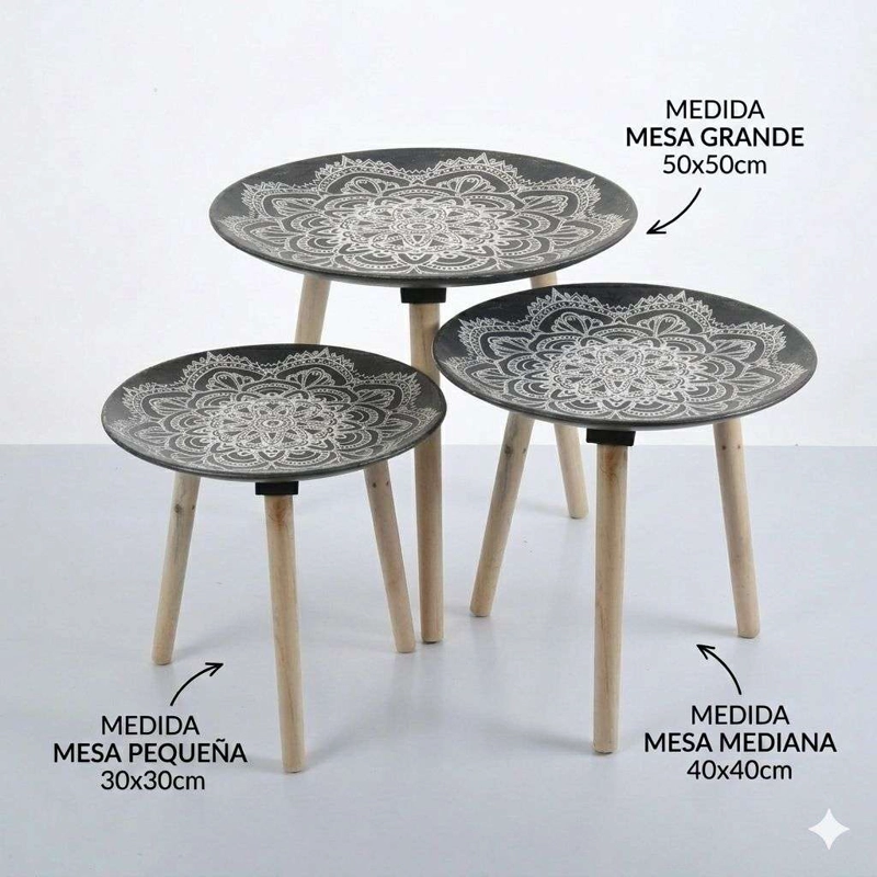 SET 3 MESAS LATERALES CENTRO DISEÑO TALLADO NEGRO - 3