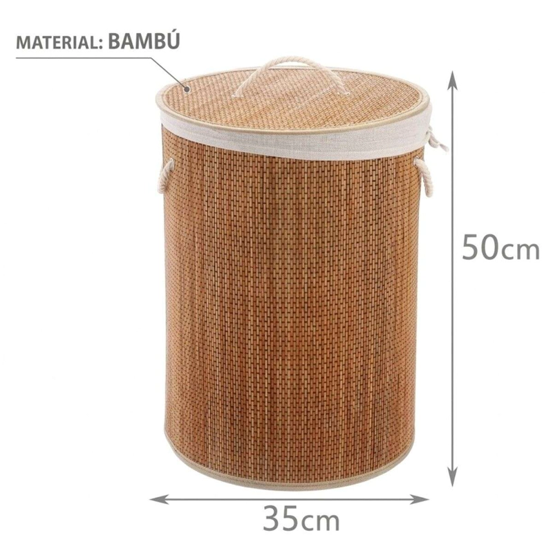 CESTO DE ROPA BAMBU CON TAPA MATERIAL RESISTENTE REDONDO - 2