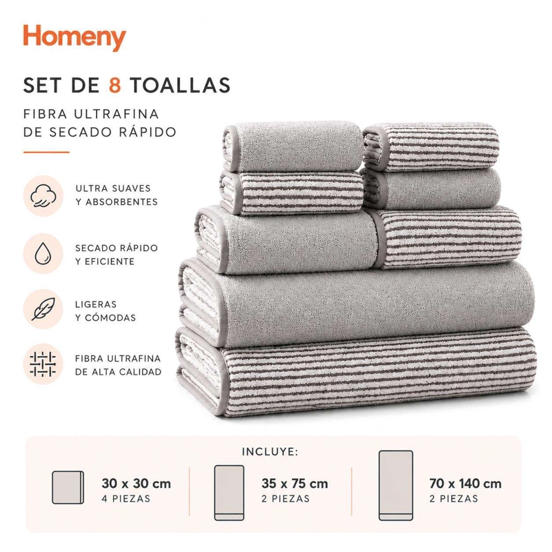 SET 8 TOALLAS DE BAÑO SECADO RAPIDO DISTINTOS TAMAÑOS DECO - 2