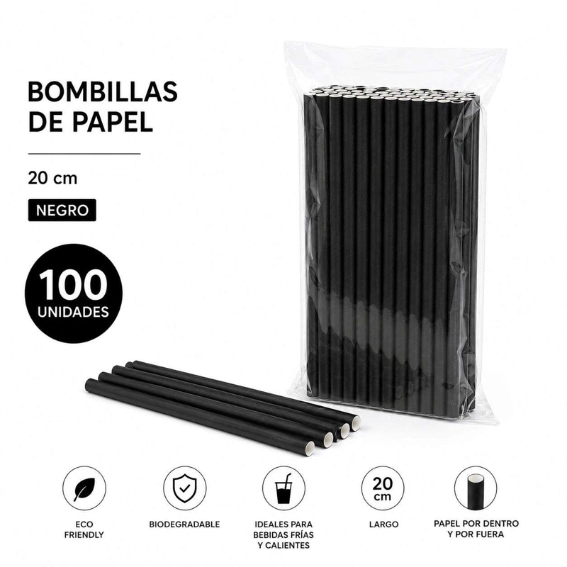 PACK 100 BOMBILLA DE PAPEL NEGRO 20CM - 2