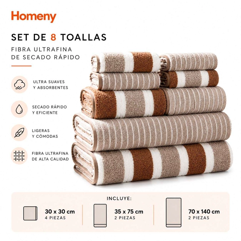 SET 8 TOALLAS DE BAÑO SECADO RAPIDO DISTINTOS TAMAÑOS DECO - 2
