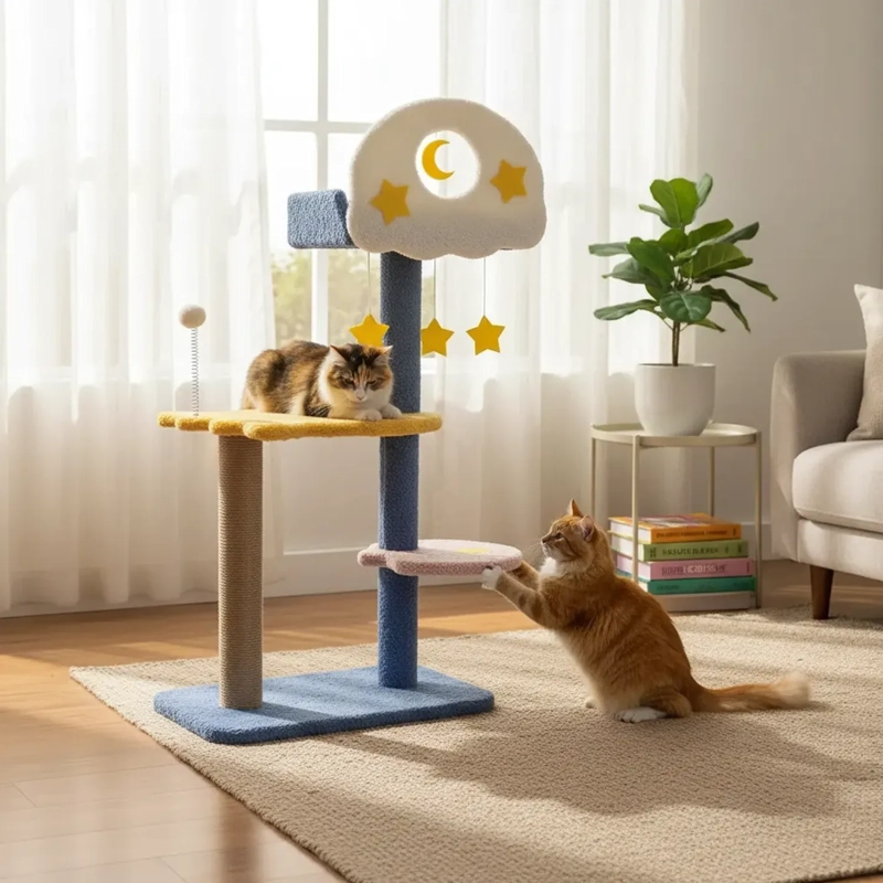 RASCADOR REPISA GATOS TORRE DE 3 PISOS DISEÑO NUBE 80CM AMARILLO - 1