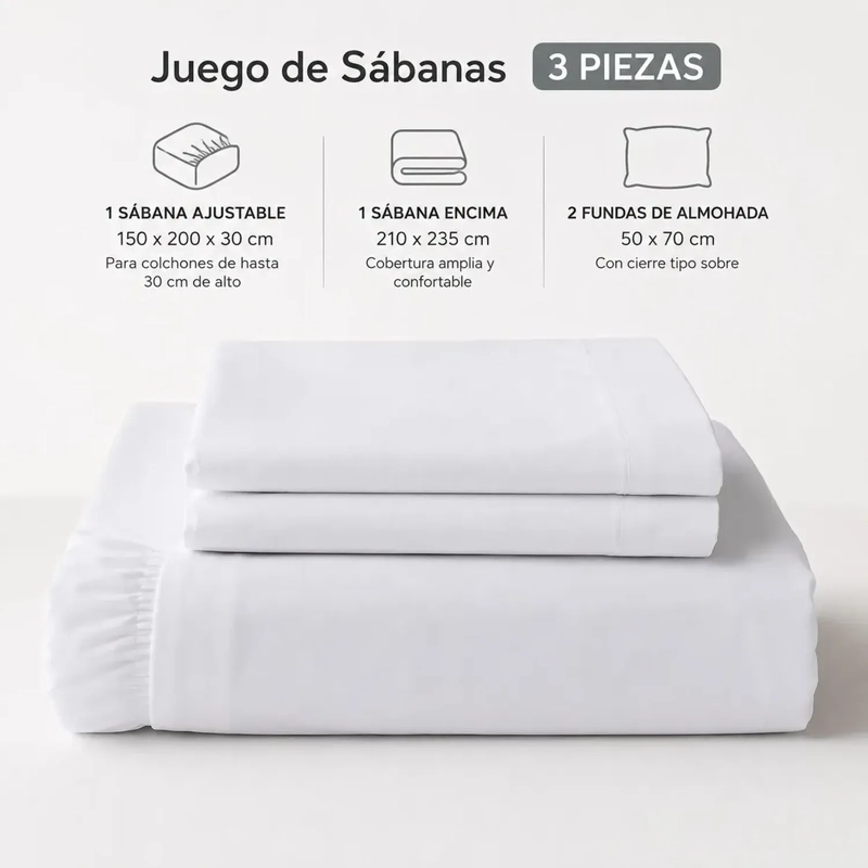 JUEGO DE SABANAS BLANCA 2 PLAZAS 3 PIEZAS AJUSTABLE COLCHON BLANCO - 3