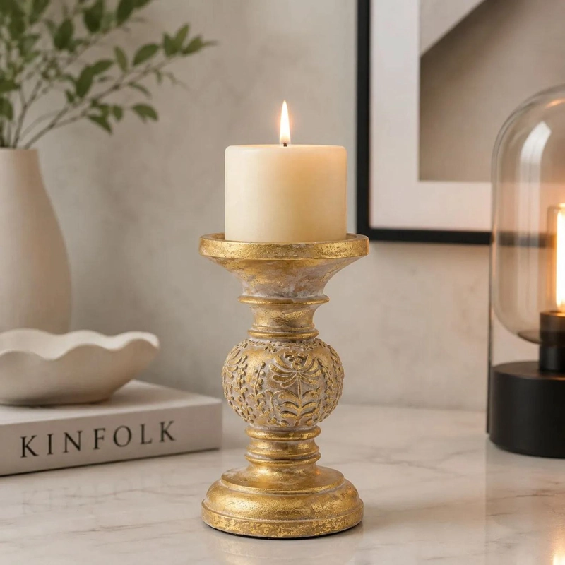 PORTA VELA CANDELABRO DECORATIVO ELEGANTE DORADO FLOR 20CM DORADO - 3