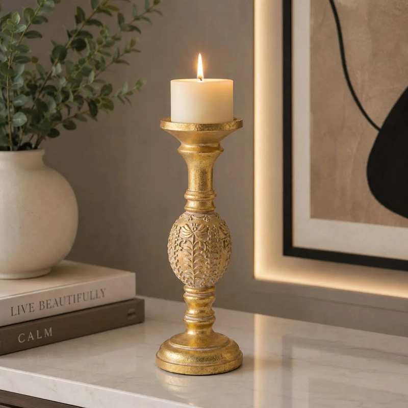 PORTA VELA CANDELABRO DECORATIVO ELEGANTE DORADO FLOR 30CM DORADO - 3