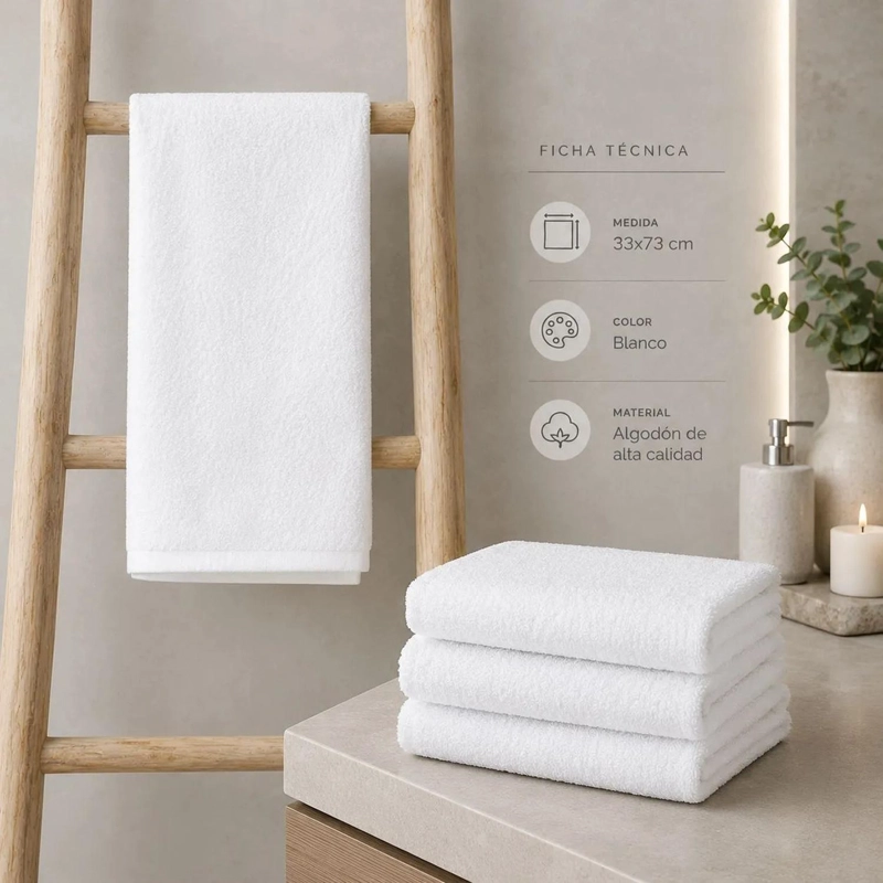 SET 3 TOALLAS DE MANO BLANCAS HOTELERIA TOALLA 33X70CM BLANCO - 4