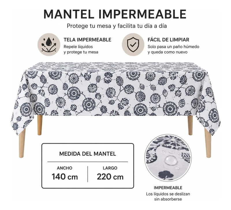 MANTEL IMPERMEABLE MESA CUADRADO DISEÑO FLORAL 140X220CM GRIS - 2