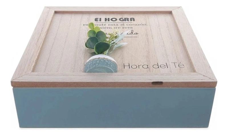 CAJA DE TE  MEDIANA DE MADERA 9 ESPACIOS AZUL AZUL CLARO - 1