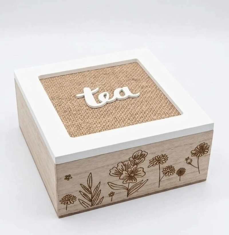 CAJA DE TE  MEDIANA DE MADERA 4 ESPACIOS DISEÑO FLORES BEIGE - 1