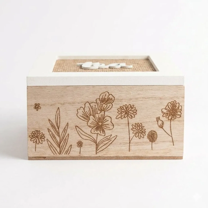 CAJA DE TE  MEDIANA DE MADERA 4 ESPACIOS DISEÑO FLORES BEIGE - 2