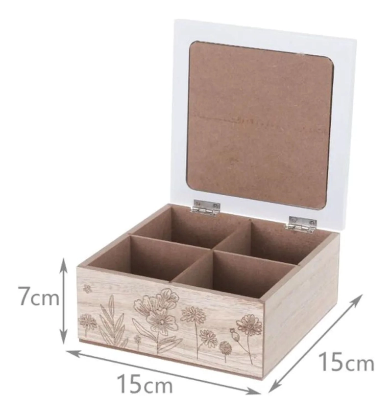 CAJA DE TE  MEDIANA DE MADERA 4 ESPACIOS DISEÑO FLORES BEIGE - 3