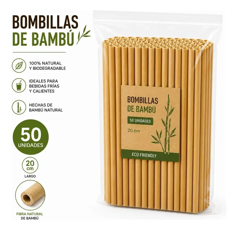 PACK 50 BOMBILLAS DE BAMBU BEIGE REUTILIZABLES 20CM BEIGE - 2